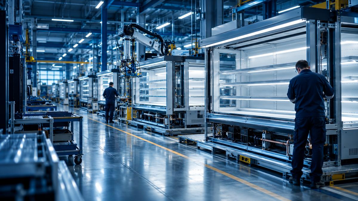 Fabrika üretim hattında soğutmalı teşhir dolapları